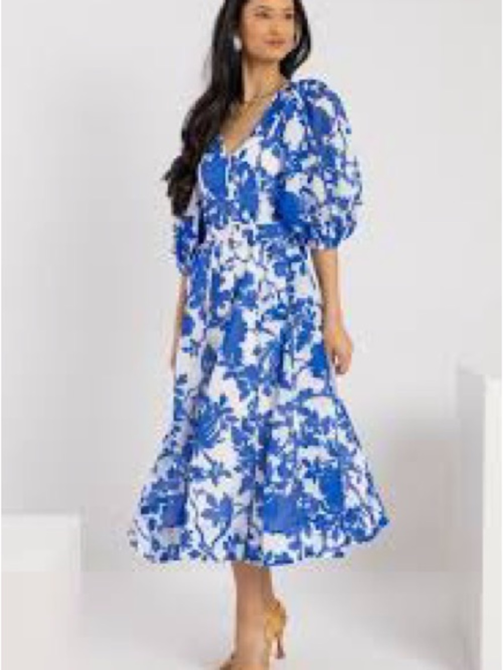 NWT Blue Floral V-Neck Midi Dress with Belt - Picture 2 of 7